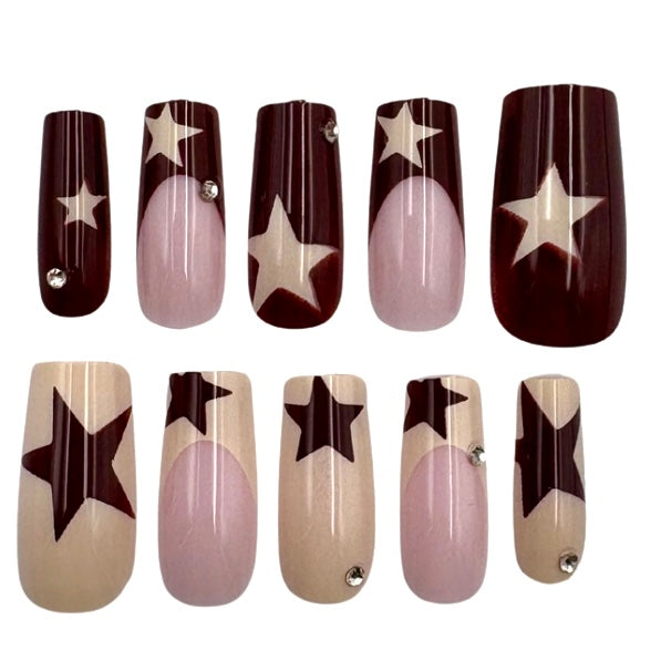 Burgundy & Cream Star Girl Nails